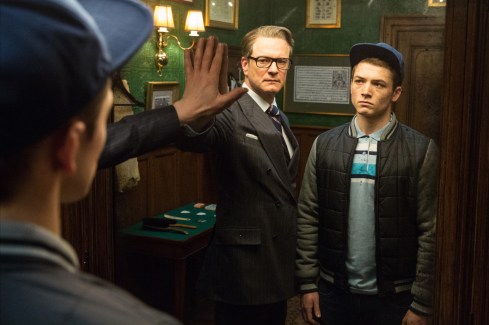 Colin Firth and Taron Egerton share a Matrix moment in Kingsman: The Secret Service. (credit: www.collider.com)